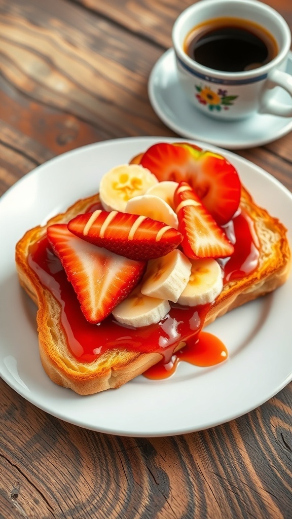 Aesthetic toast with jam and fresh fruits on a rustic wooden table.